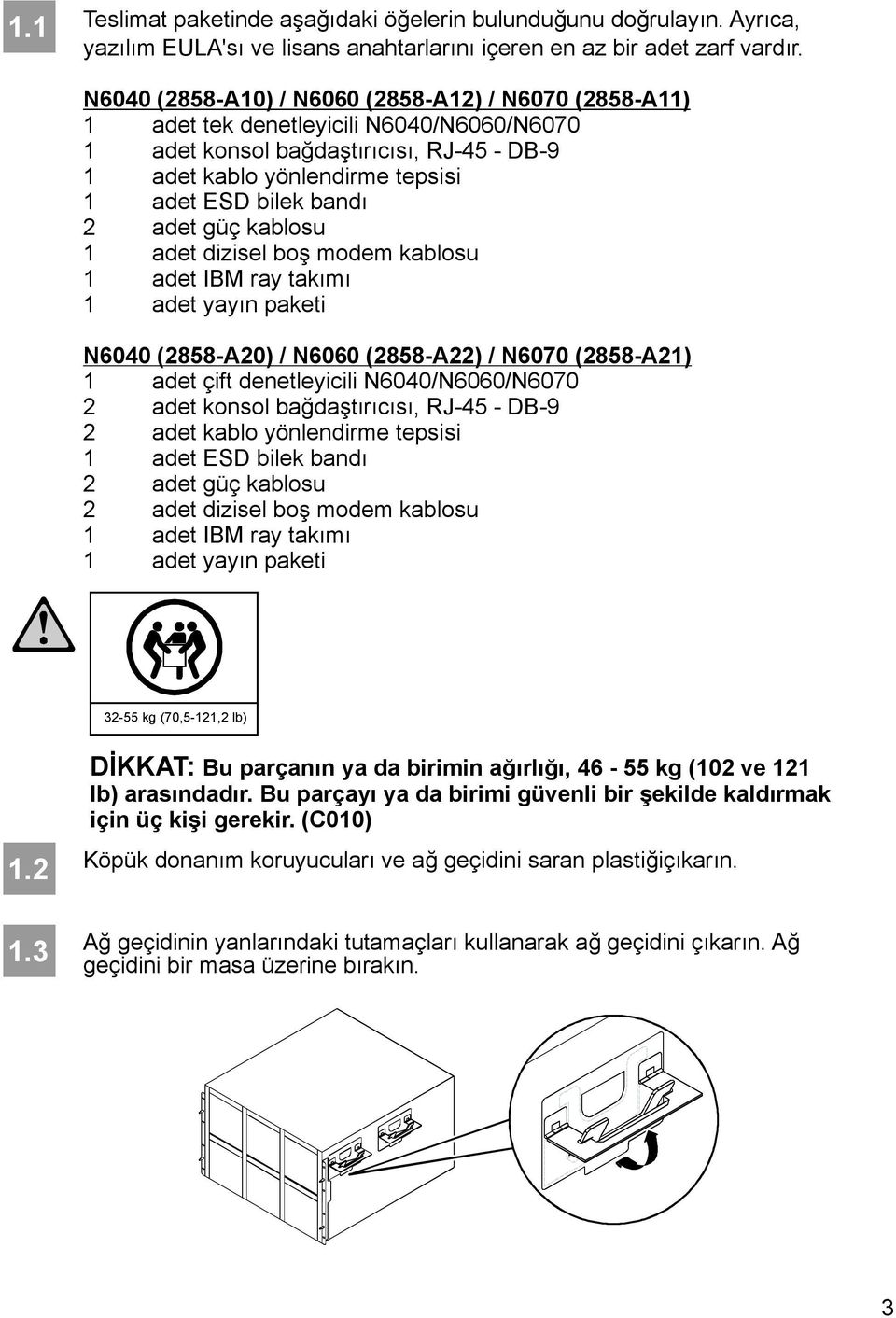 adet güç kablosu 1 adet dizisel boş modem kablosu 1 adet IBM ray takımı 1 adet yayın paketi N6040 (2858-A20) / N6060 (2858-A22) / N6070 (2858-A21) 1 adet çift denetleyicili N6040/N6060/N6070 2 adet