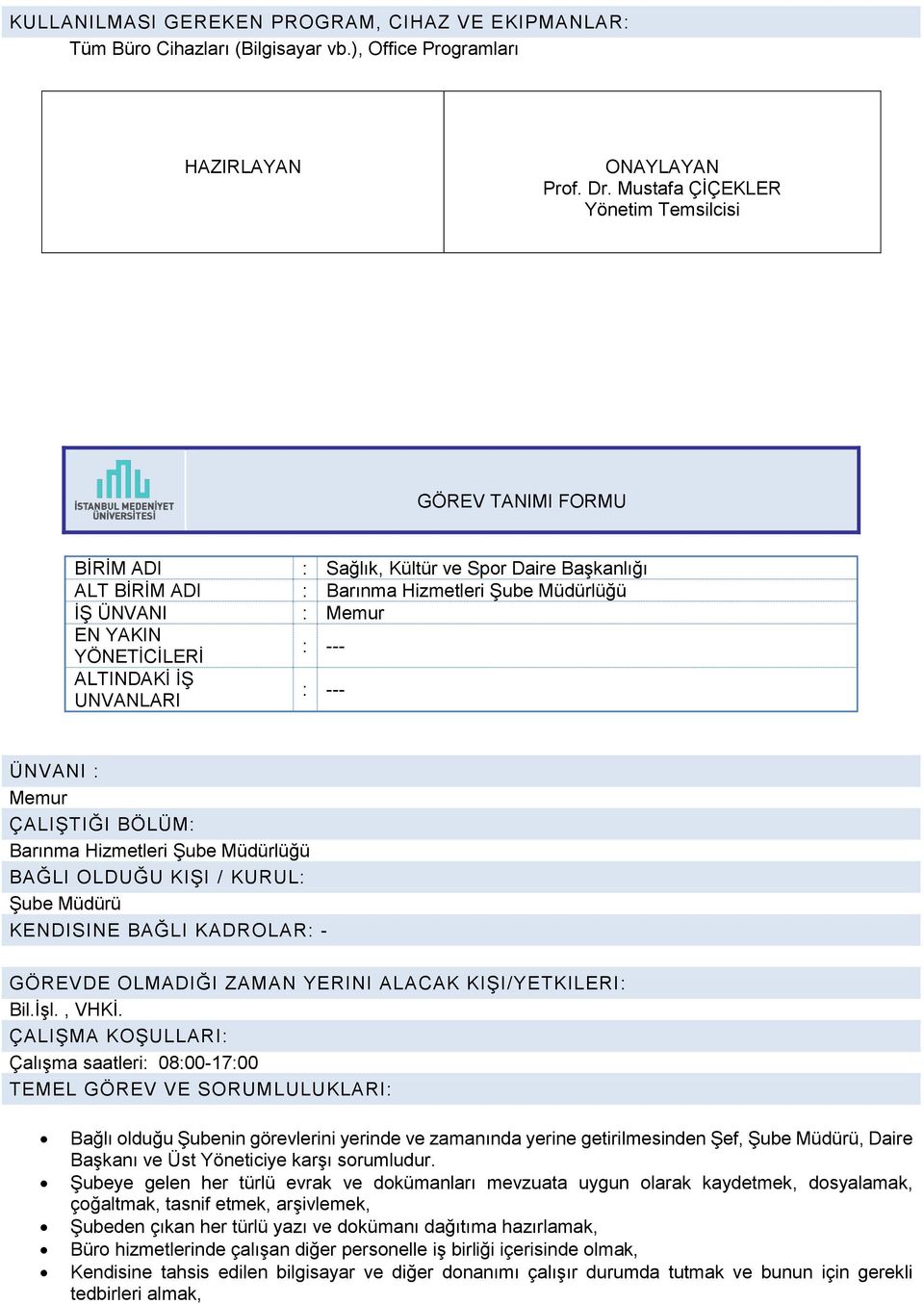 Barınma Hizmetleri Şube Müdürlüğü BAĞLI OLDUĞU KIŞI / KURUL: Şube Müdürü KENDISINE BAĞLI KADROLAR: - GÖREVDE OLMADIĞI ZAMAN YERINI ALACAK KIŞI/YETKILERI: Bil.İşl., VHKİ.