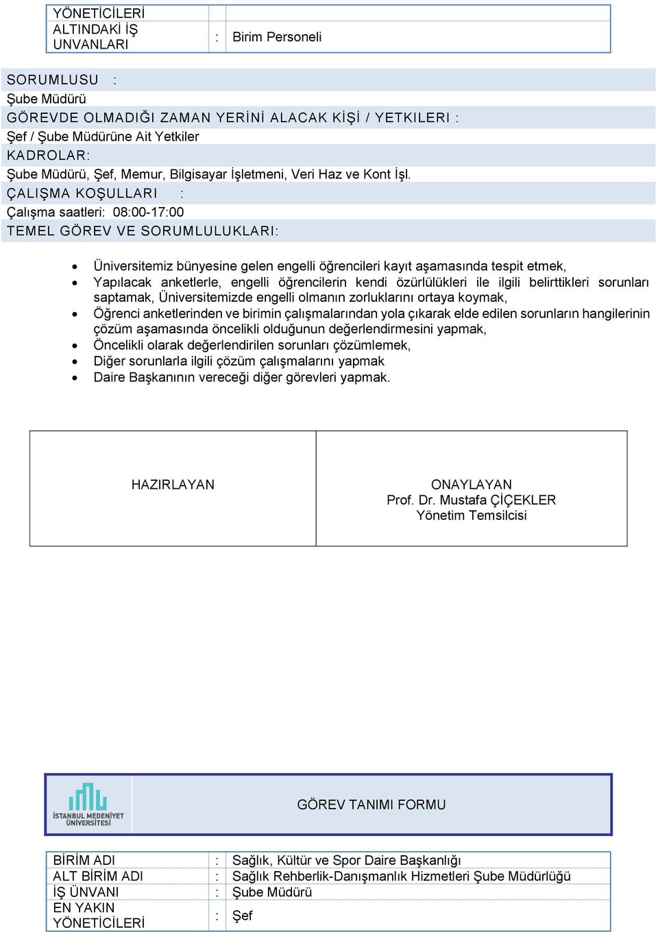 ÇALIŞMA KOŞULLARI : Çalışma saatleri: 08:00-17:00 Üniversitemiz bünyesine gelen engelli öğrencileri kayıt aşamasında tespit etmek, Yapılacak anketlerle, engelli öğrencilerin kendi özürlülükleri ile