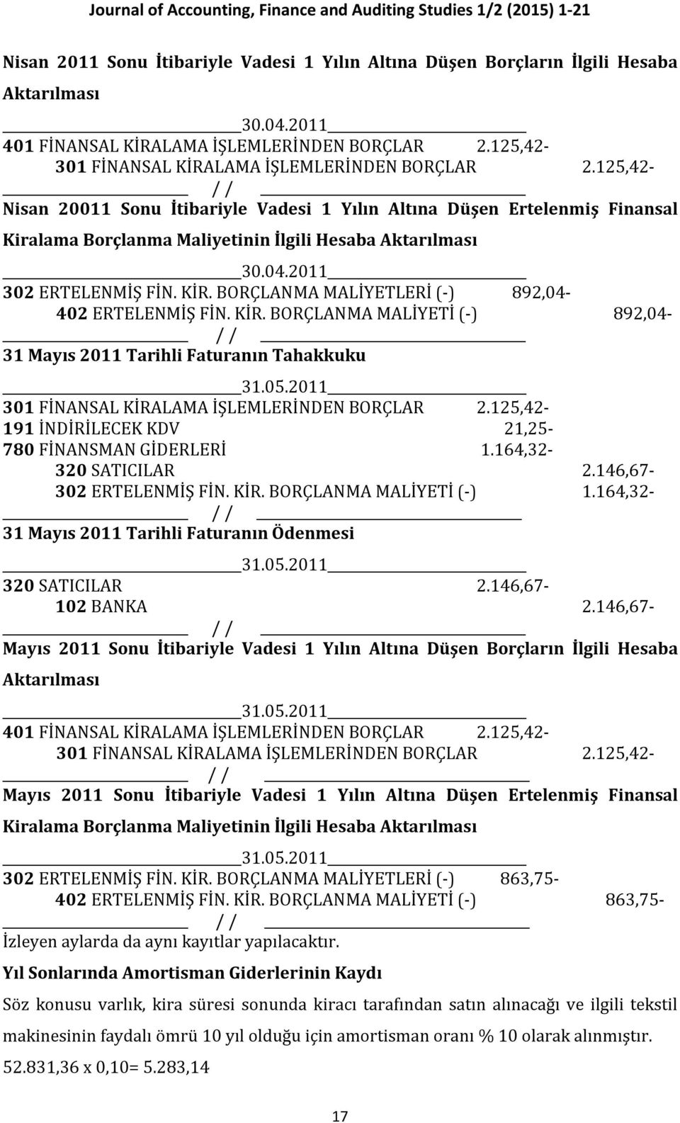 2011 302 ERTELENMİŞ FİN. KİR. BORÇLANMA MALİYETLERİ (-) 892,04-402 ERTELENMİŞ FİN. KİR. BORÇLANMA MALİYETİ (-) 892,04-31 Mayıs 2011 Tarihli Faturanın Tahakkuku 31.05.