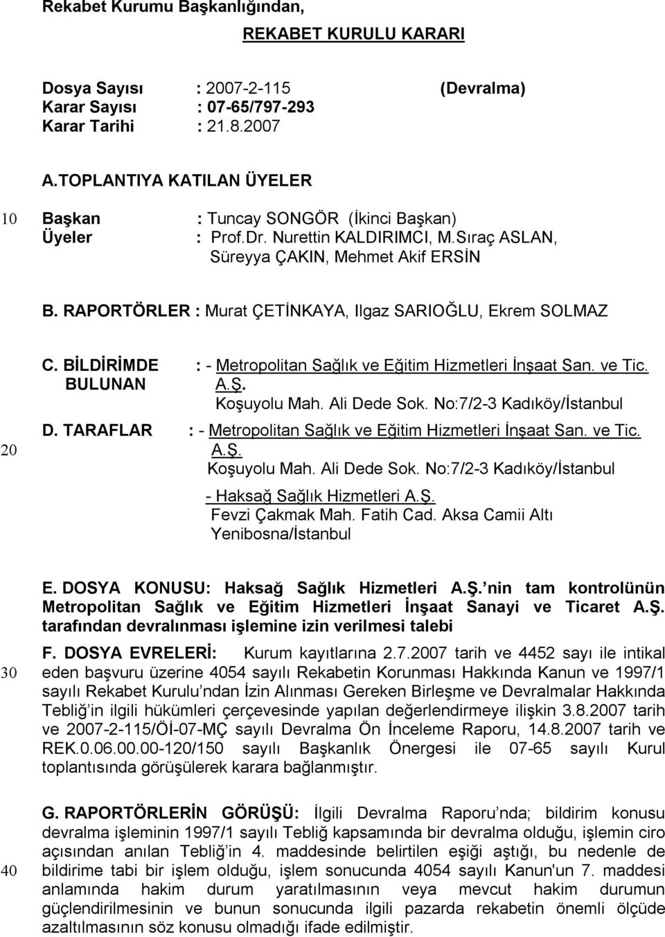 RAPORTÖRLER : Murat ÇETİNKAYA, Ilgaz SARIOĞLU, Ekrem SOLMAZ 20 C. BİLDİRİMDE : - Metropolitan Sağlık ve Eğitim Hizmetleri İnşaat San. ve Tic. BULUNAN A.Ş. Koşuyolu Mah. Ali Dede Sok.