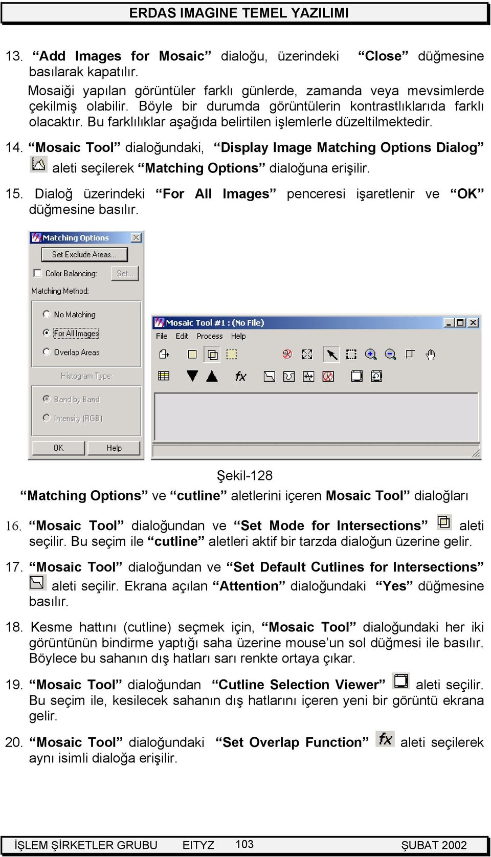 Mosaic Tool dialoğundaki, Display Image Matching Options Dialog aleti seçilerek Matching Options dialoğuna erişilir. 15. Dialoğ üzerindeki For All Images penceresi işaretlenir ve OK düğmesine basılır.