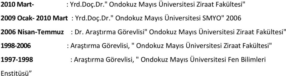 Araştırma Görevlisi" Ondokuz Mayıs Üniversitesi Ziraat Fakültesi" 1998-2006 : Araştırma Görevlisi,