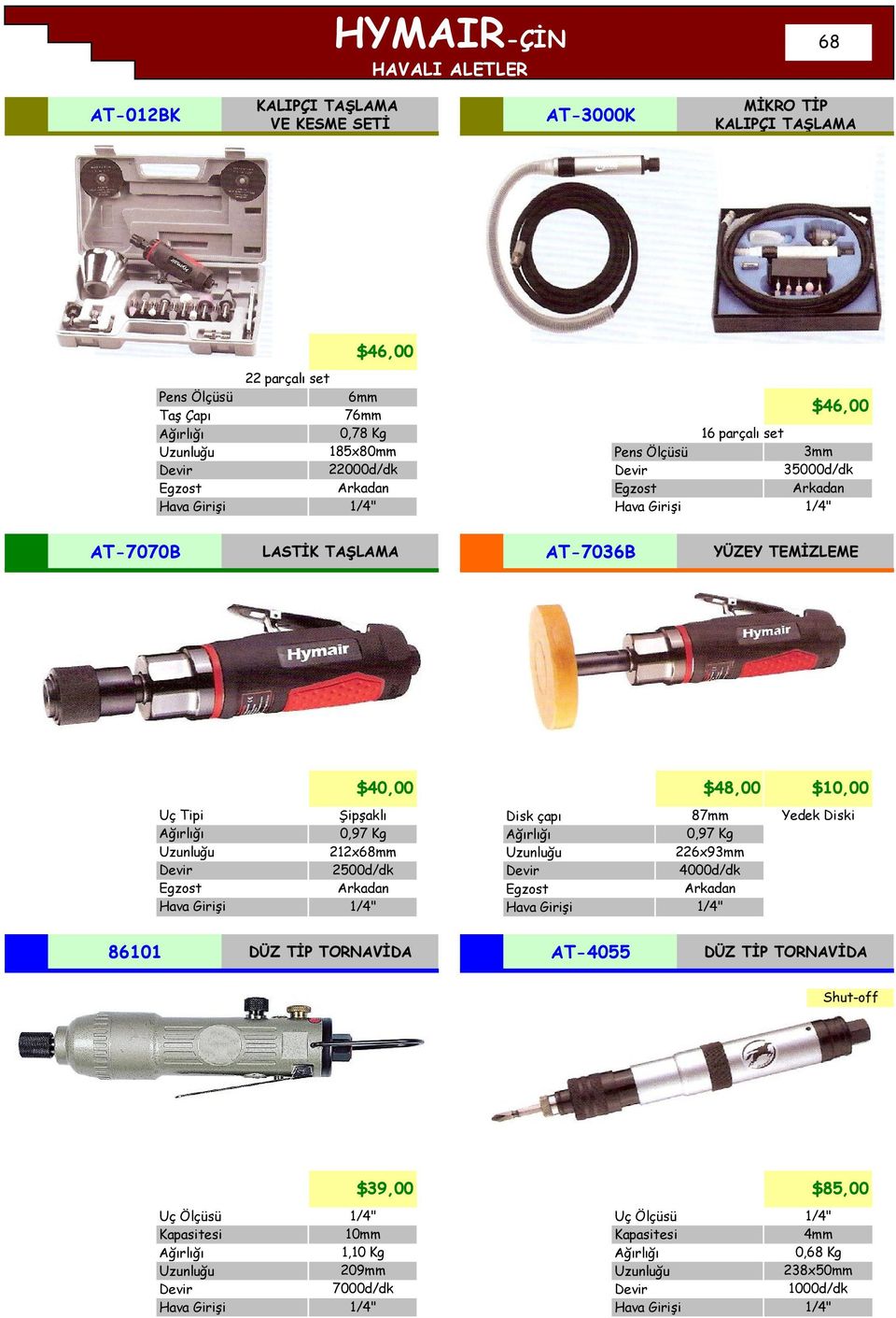 0,97 Kg 212x68mm 2500d/dk Disk çapı 87mm 0,97 Kg 226x93mm 4000d/dk Yedek Diski 86101 DÜZ TİP TORNAVİDA AT-4055