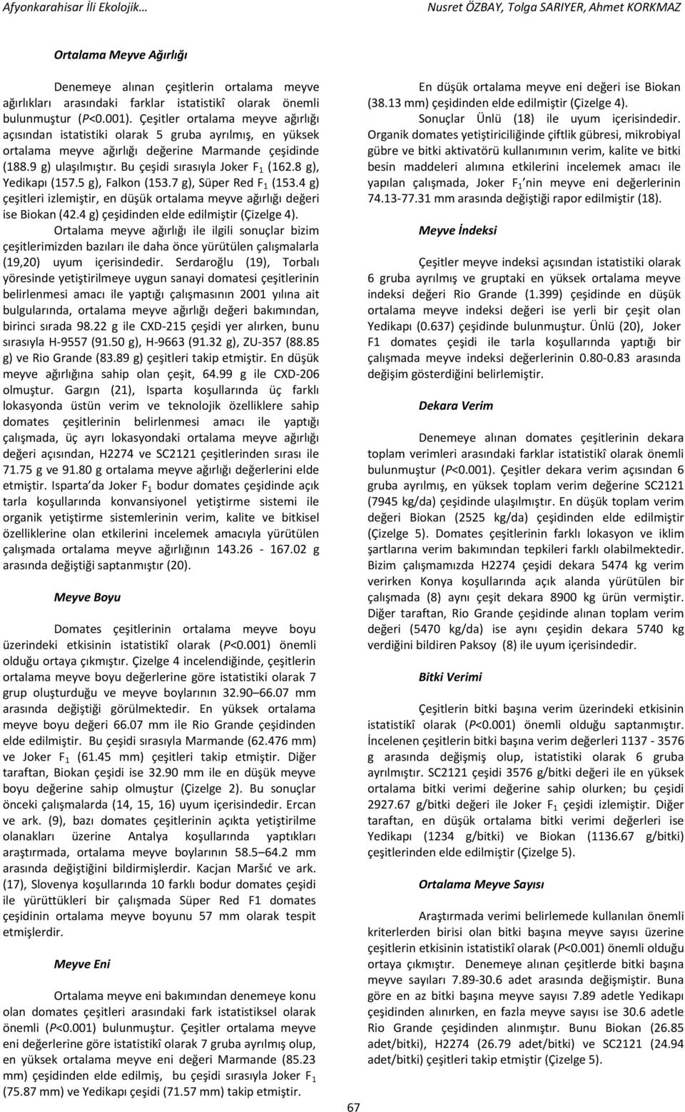 8 g), Yedikapı (157.5 g), Falkon (153.7 g), Süper Red F 1 (153.4 g) çeşitleri izlemiştir, en düşük ortalama meyve ağırlığı değeri ise Biokan (42.4 g) çeşidinden elde edilmiştir (Çizelge 4).