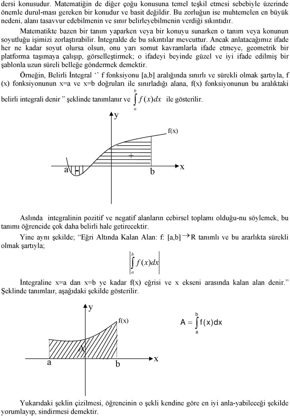 Mtemtikte zen ir tnım yprken vey ir konuyu sunrken o tnım vey konunun soyutluğu işimizi zorlştırilir. İntegrlde de u sıkıntılr mevcuttur.