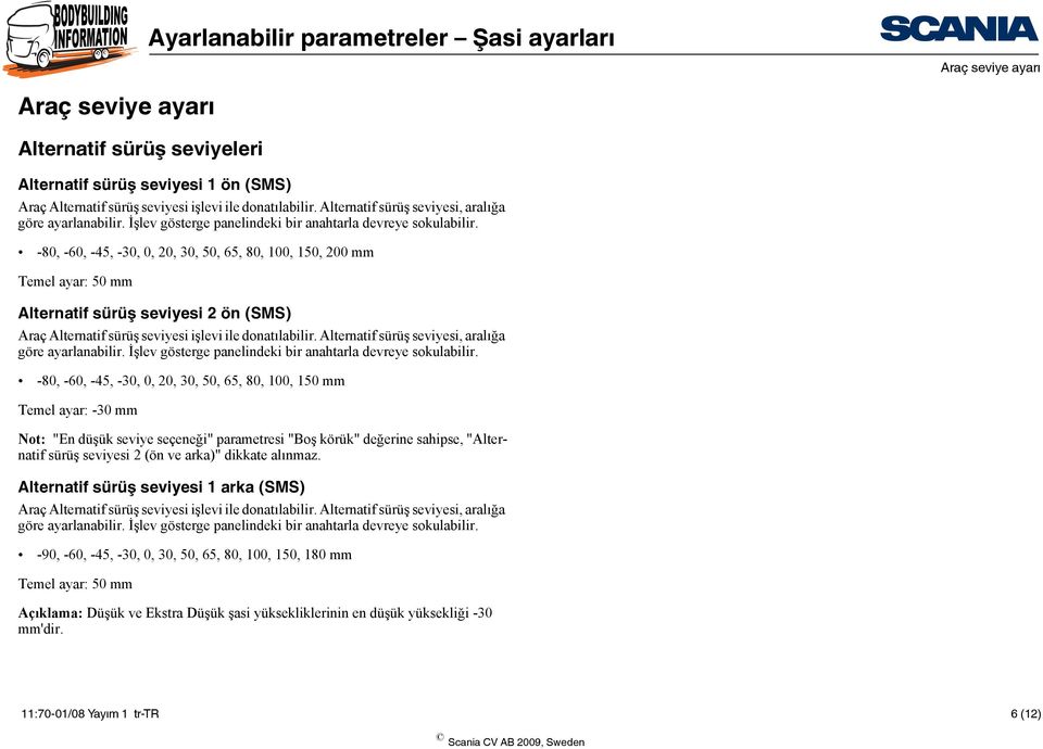 -80, -60, -45, -30, 0, 20, 30, 50, 65, 80, 100, 150, 200 mm Temel ayar: 50 mm Alternatif sürüş seviyesi 2 ön (SMS) Araç Alternatif sürüş seviyesi işlevi ile donatılabilir.