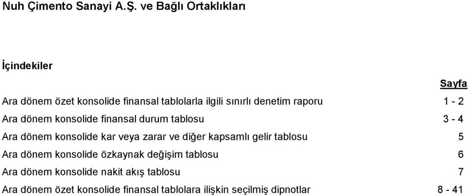 diğer kapsamlı gelir tablosu 5 Ara dönem konsolide özkaynak değişim tablosu 6 Ara dönem