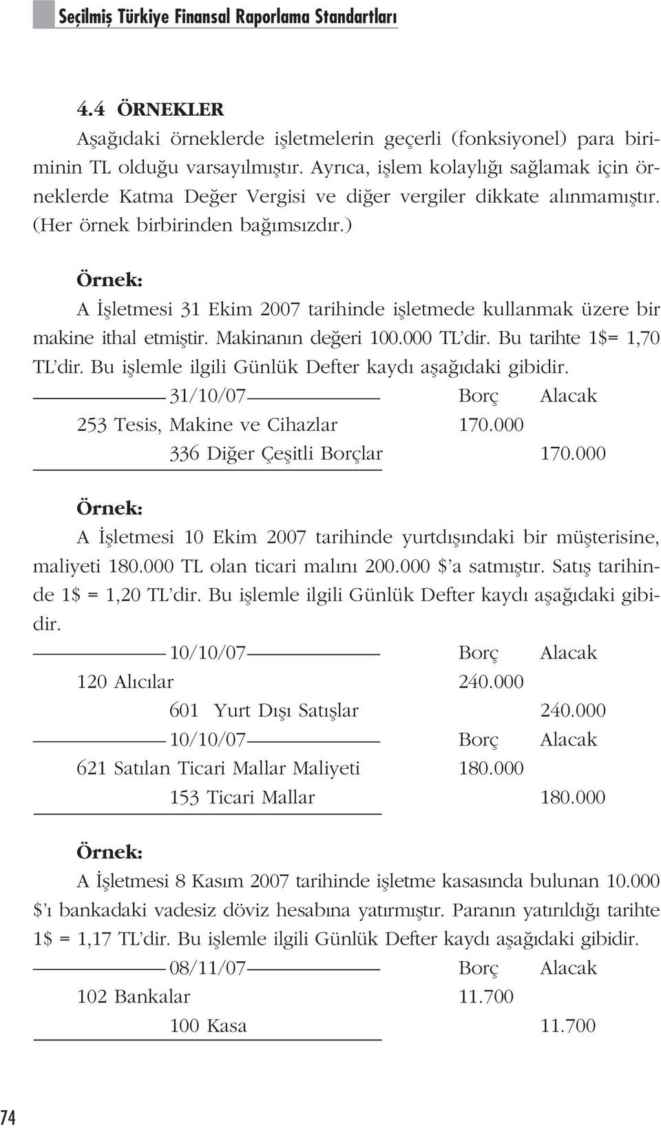 ) Örnek: A flletmesi 31 Ekim 2007 tarihinde iflletmede kullanmak üzere bir makine ithal etmifltir. Makinan n de eri 100.000 TL dir. Bu tarihte 1$= 1,70 TL dir.