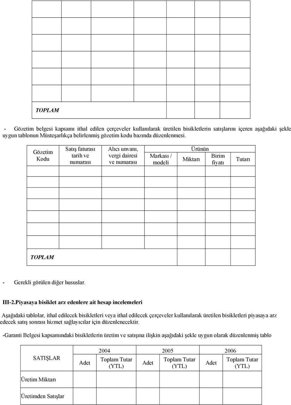 Piyasaya bisiklet arz edenlere ait hesap incelemeleri Aşağıdaki tablolar, ithal edilecek bisikletleri veya ithal edilecek çerçeveler kullanılarak üretilen bisikletleri piyasaya arz edecek satış