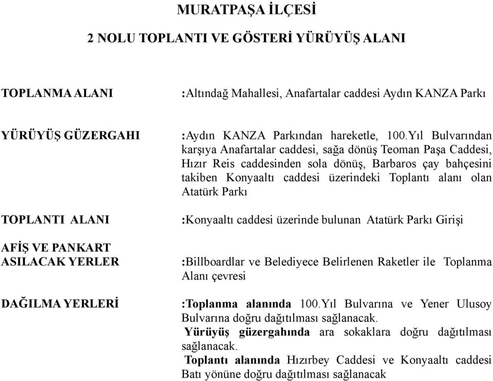 olan Atatürk Parkı :Konyaaltı caddesi üzerinde bulunan Atatürk Parkı Girişi :Billboardlar ve Belediyece Belirlenen Raketler ile Toplanma Alanı çevresi :Toplanma alanında 100.