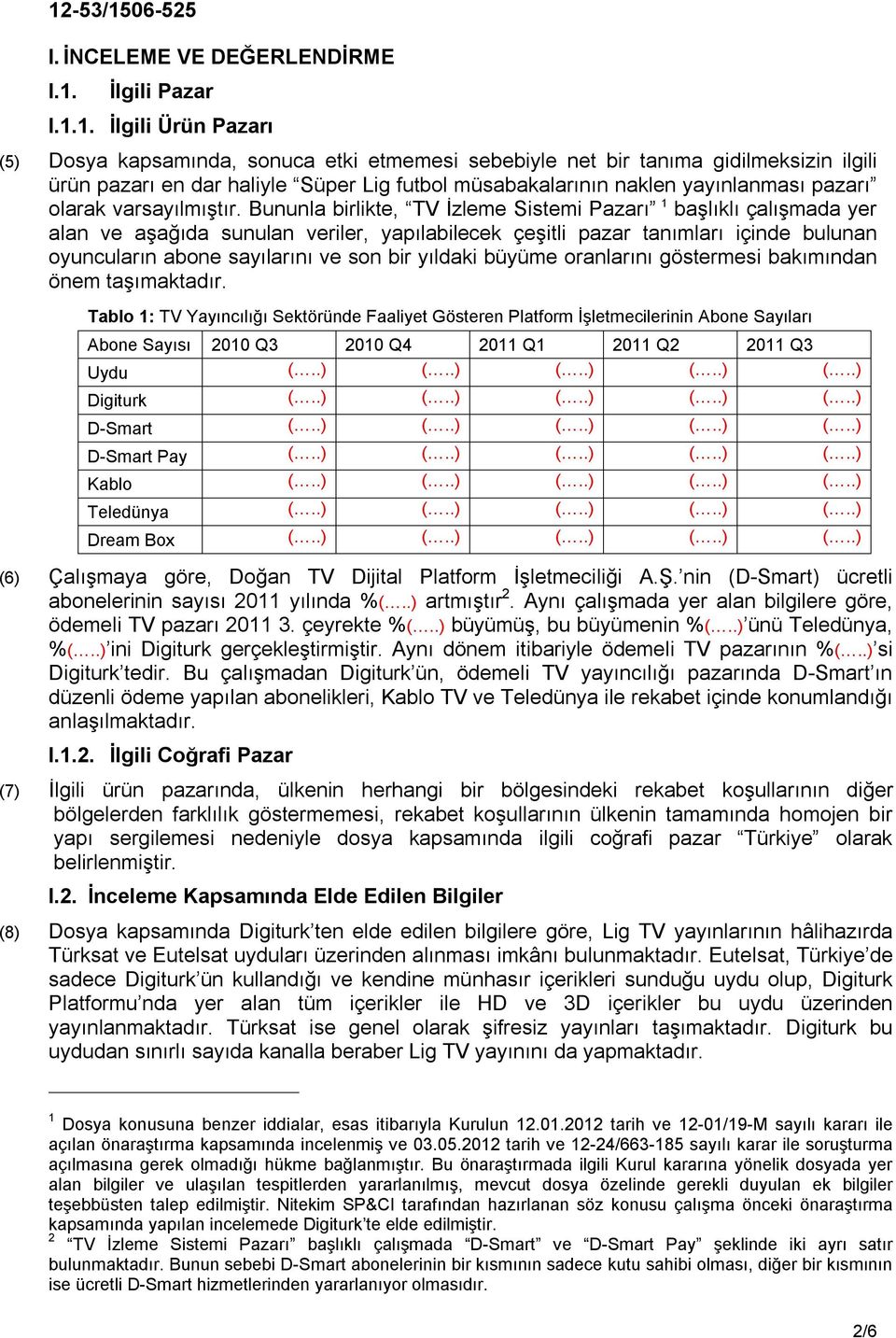 1. İlgili Ürün Pazarı (5) Dosya kapsamında, sonuca etki etmemesi sebebiyle net bir tanıma gidilmeksizin ilgili ürün pazarı en dar haliyle Süper Lig futbol müsabakalarının naklen yayınlanması pazarı