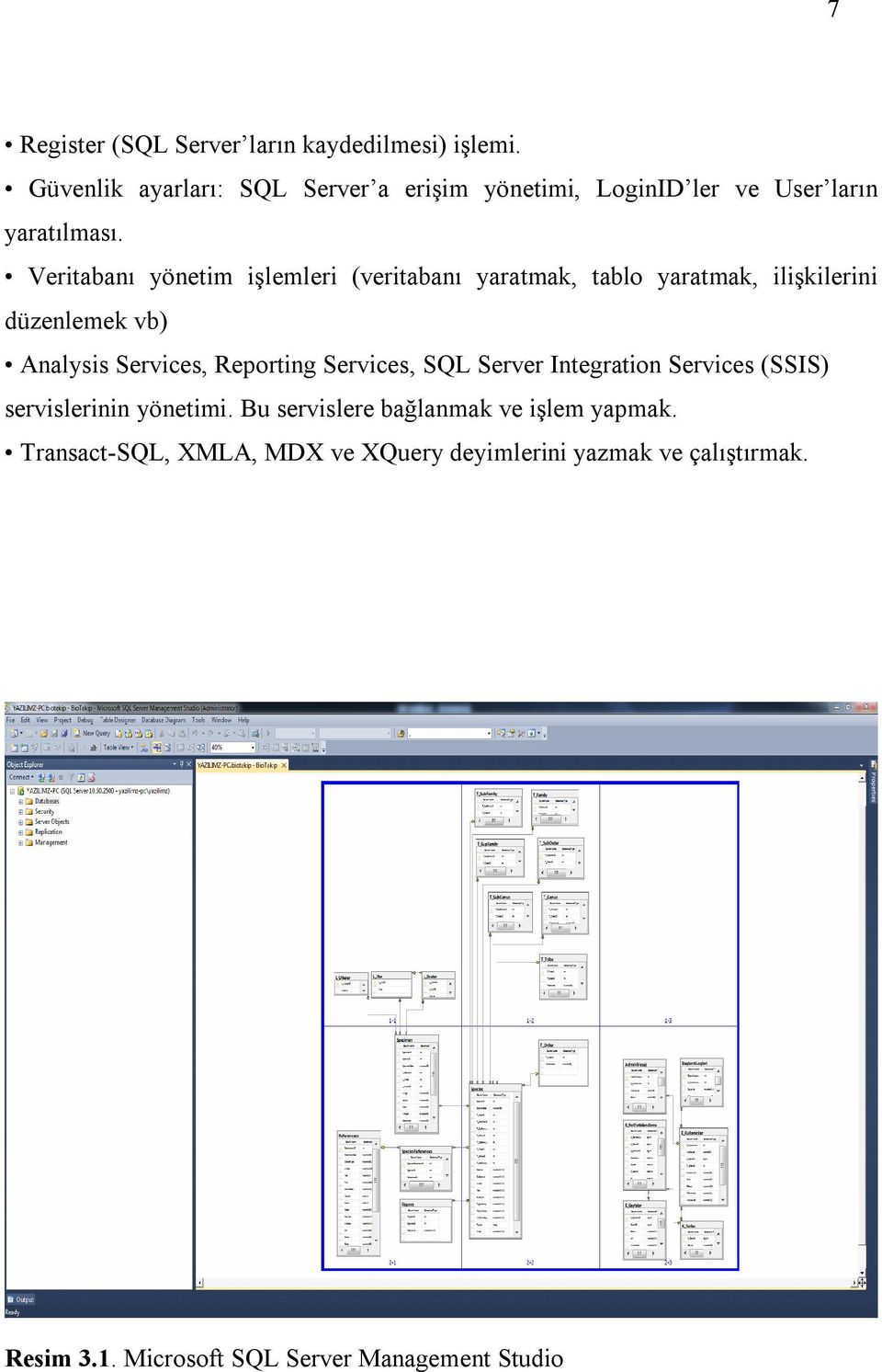 Veritabanı yönetim işlemleri (veritabanı yaratmak, tablo yaratmak, ilişkilerini düzenlemek vb) Analysis Services, Reporting