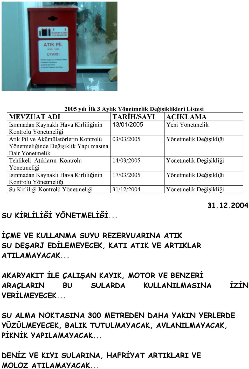 Kaynaklı Hava Kirliliğinin 17/03/2005 Yönetmelik Değişikliği Kontrolü Yönetmeliği Su Kirliliği Kontrolü Yönetmeliği 31/12/