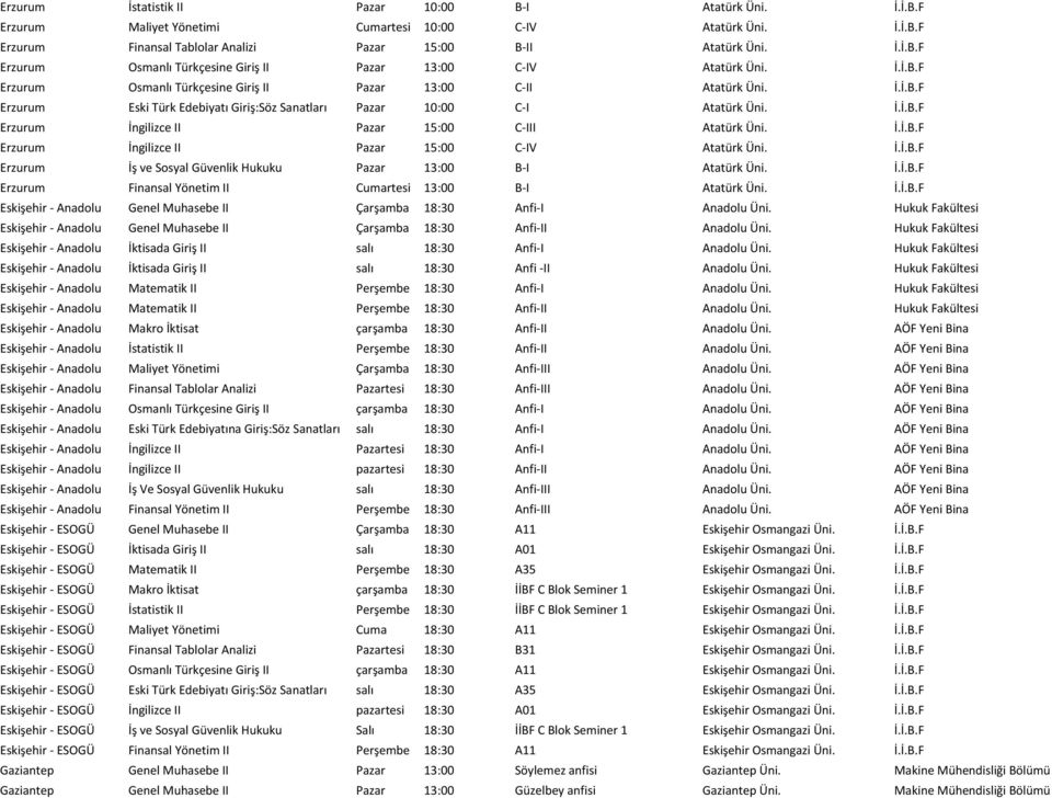 İ.İ.B.F Erzurum İngilizce II Pazar 15:00 C- IV Atatürk Üni. İ.İ.B.F Erzurum İş ve Sosyal Güvenlik Hukuku Pazar 13:00 B- I Atatürk Üni. İ.İ.B.F Erzurum Finansal Yönetim II Cumartesi 13:00 B- I Atatürk Üni.