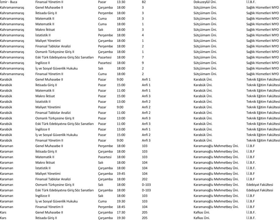 Sağlık Hizmetleri MYO Kahramanmaraş Matematik II Cuma 18:00 1 Sütçüimam Üni. Sağlık Hizmetleri MYO Kahramanmaraş Makro İktisat Salı 18:00 3 Sütçüimam Üni.