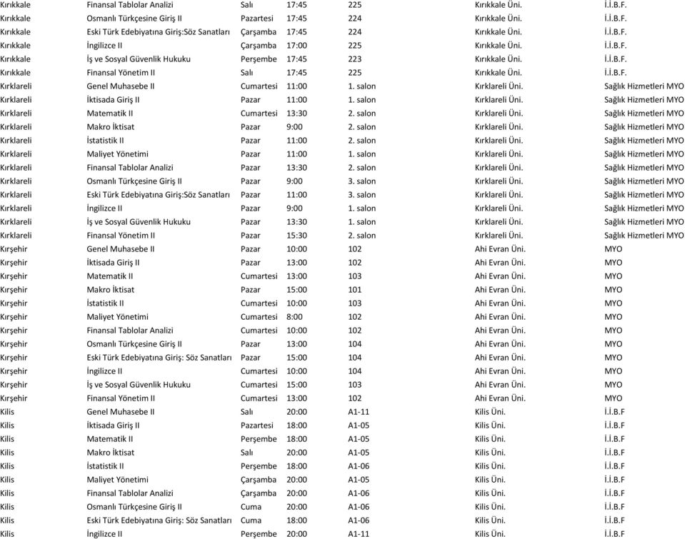 İ.İ.B.F. Kırklareli Genel Muhasebe II Cumartesi 11:00 1. salon Kırklareli Üni. Sağlık Hizmetleri MYO Kırklareli İktisada Giriş II Pazar 11:00 1. salon Kırklareli Üni. Sağlık Hizmetleri MYO Kırklareli Matematik II Cumartesi 13:30 2.