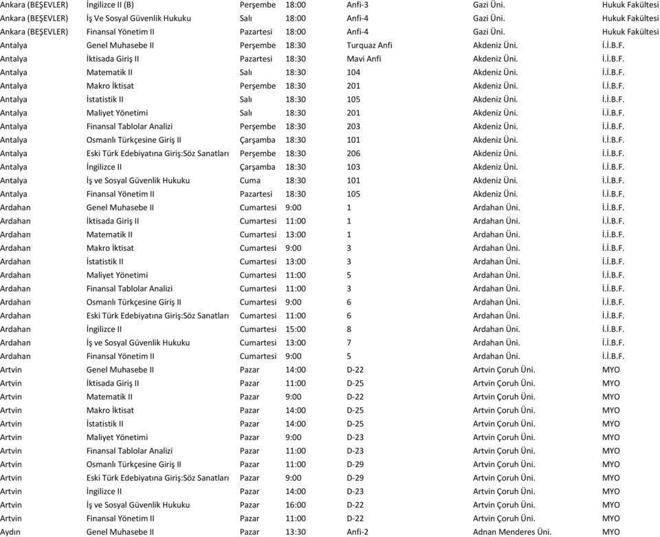 İ.İ.B.F. Antalya Matematik II Salı 18:30 104 Akdeniz Üni. İ.İ.B.F. Antalya Makro İktisat Perşembe 18:30 201 Akdeniz Üni. İ.İ.B.F. Antalya İstatistik II Salı 18:30 105 Akdeniz Üni. İ.İ.B.F. Antalya Maliyet Yönetimi Salı 18:30 201 Akdeniz Üni.