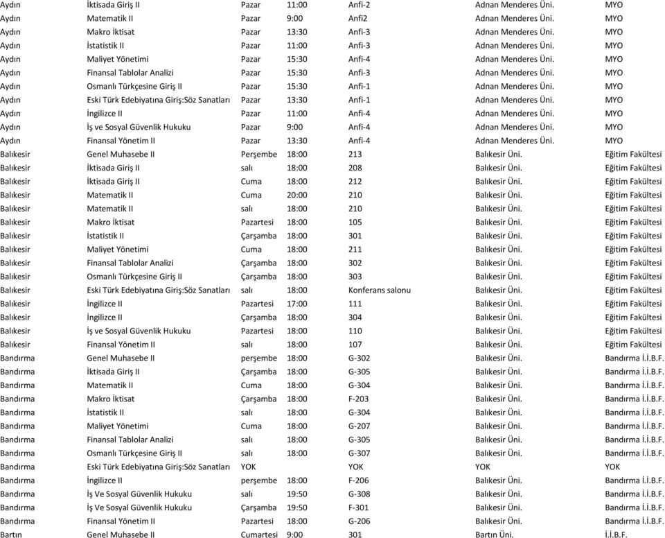 MYO Aydın Finansal Tablolar Analizi Pazar 15:30 Anfi- 3 Adnan Menderes Üni. MYO Aydın Osmanlı Türkçesine Giriş II Pazar 15:30 Anfi- 1 Adnan Menderes Üni.