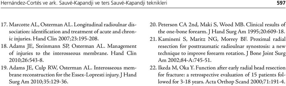 Management of injuries to the interosseous membrane. Hand Clin 2010;26:543-8. 19. Adams JE, Culp RW, Osterman AL. Interosseous membrane reconstruction for the Essex-Lopresti injury.