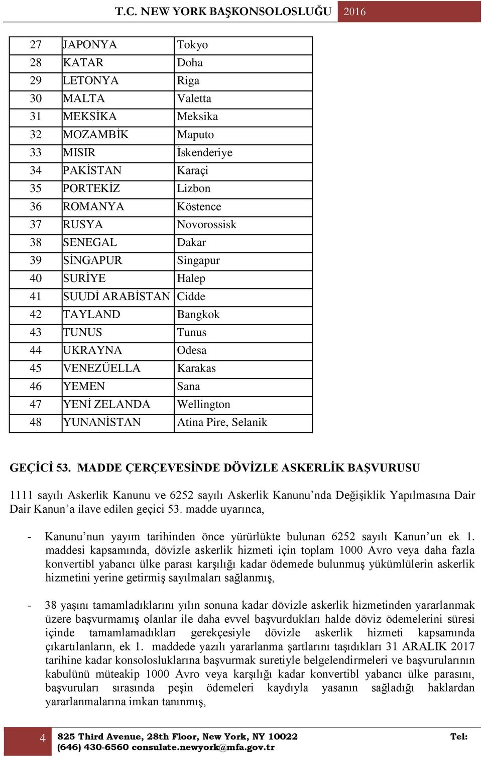 Sana 47 YENİ ZELANDA Wellington 48 YUNANİSTAN Atina Pire, Selanik GEÇİCİ 53.