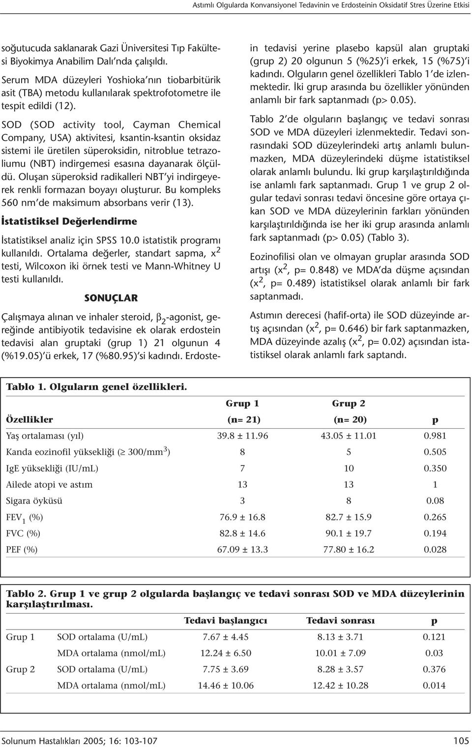 SOD (SOD activity tool, Cayman Chemical Company, USA) aktivitesi, ksantin-ksantin oksidaz sistemi ile üretilen süperoksidin, nitroblue tetrazoliumu (NBT) indirgemesi esasına dayanarak ölçüldü.