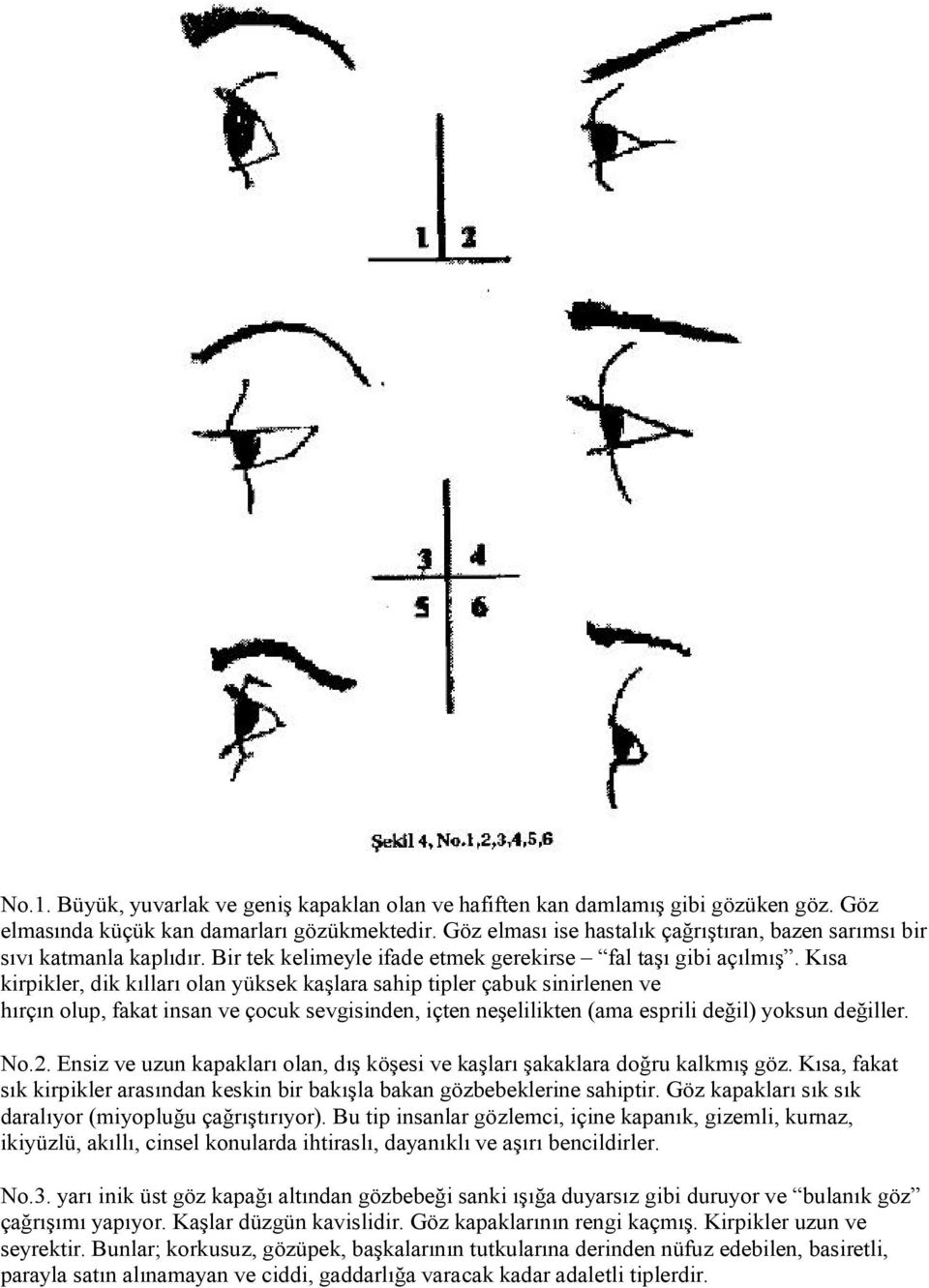 Kısa kirpikler, dik kılları olan yüksek kaşlara sahip tipler çabuk sinirlenen ve hırçın olup, fakat insan ve çocuk sevgisinden, içten neşelilikten (ama esprili değil) yoksun değiller. No.2.