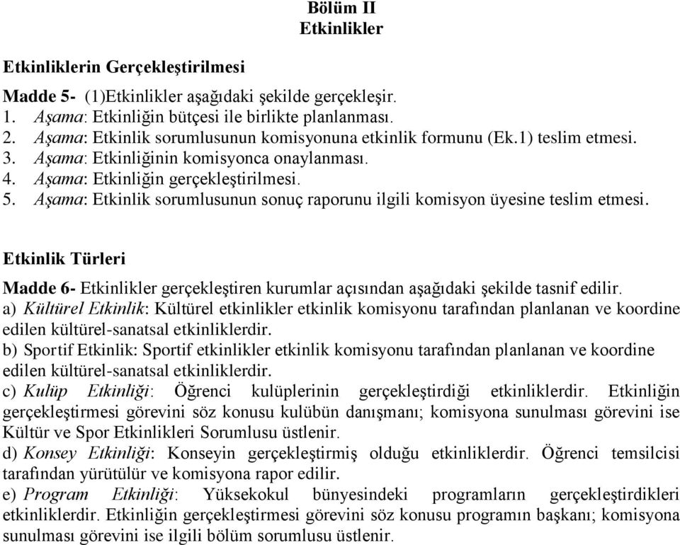 Aşama: Etkinlik sorumlusunun sonuç raporunu ilgili komisyon üyesine teslim etmesi. Etkinlik Türleri Madde 6- Etkinlikler gerçekleştiren kurumlar açısından aşağıdaki şekilde tasnif edilir.