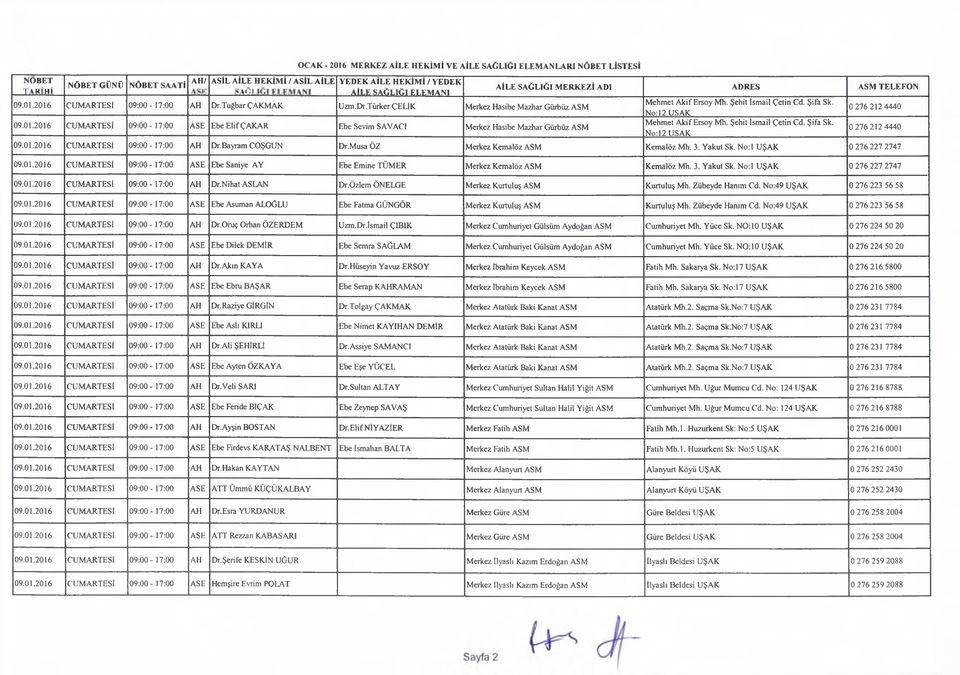 Bayram COŞGUN Dr.Musa ÖZ Merkez Kemalöz ASM Kemalöz Mh. 3. Yakut Sk. No:l UŞAK 0 276 227 2747 09.01.2016 CUMARTESİ 09:00-17:00 ASE Ebe Saniye AY Ebe Emine TÜMER Merkez Kemalöz ASM Kemalöz Mh. 3. Yakut Sk. No:l UŞAK 0 276 227 2747 09.01.2016 CUMARTESİ 09:00-17:00 AH Dr.