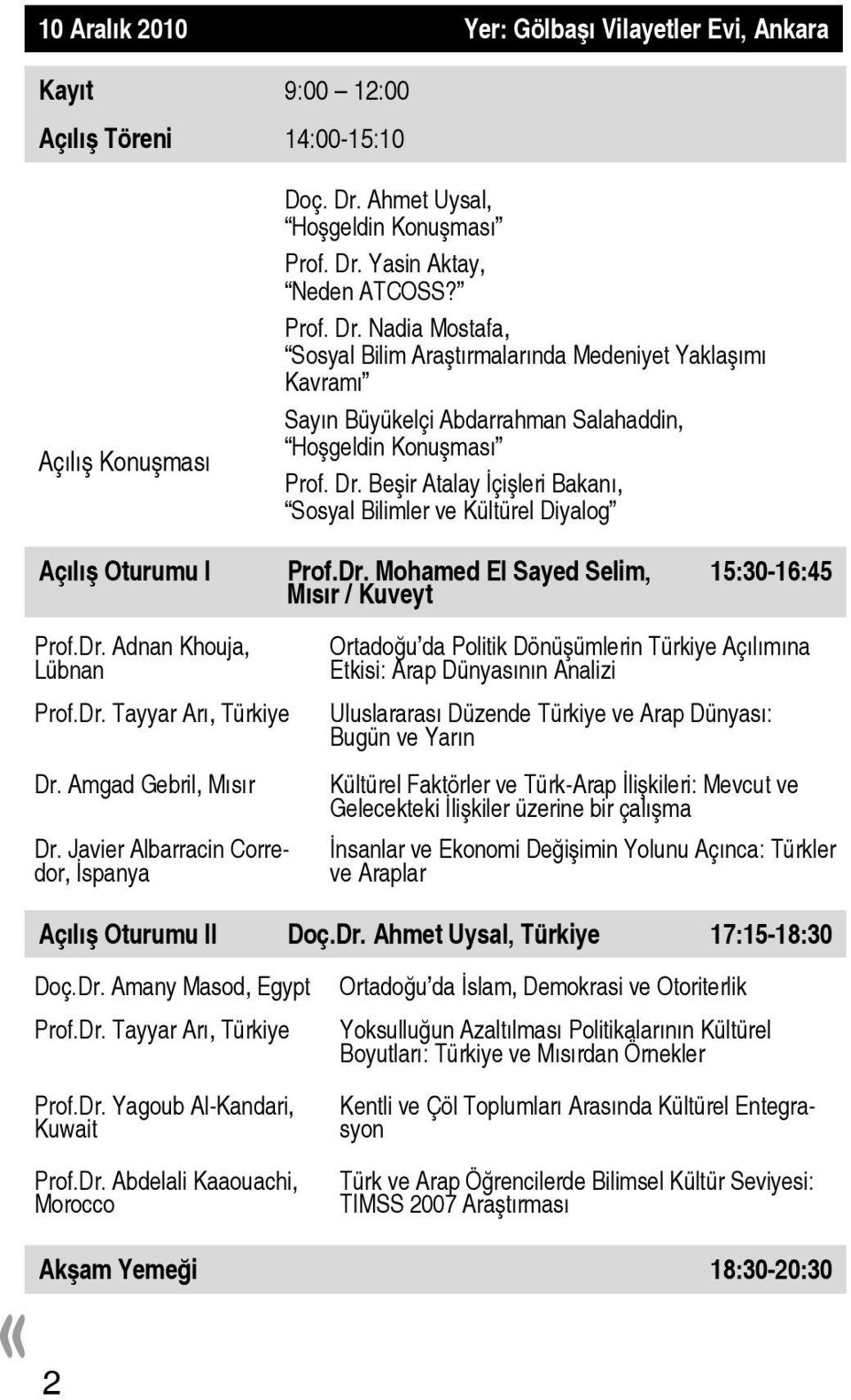 Dr. Beşir Atalay İçişleri Bakanı, Sosyal Bilimler ve Kültürel Diyalog Açılış Oturumu I Prof.Dr. Mohamed El Sayed Selim, Mısır / Kuveyt 15:30-16:45 Prof.Dr. Adnan Khouja, Lübnan Prof.Dr. Tayyar Arı, Türkiye Dr.