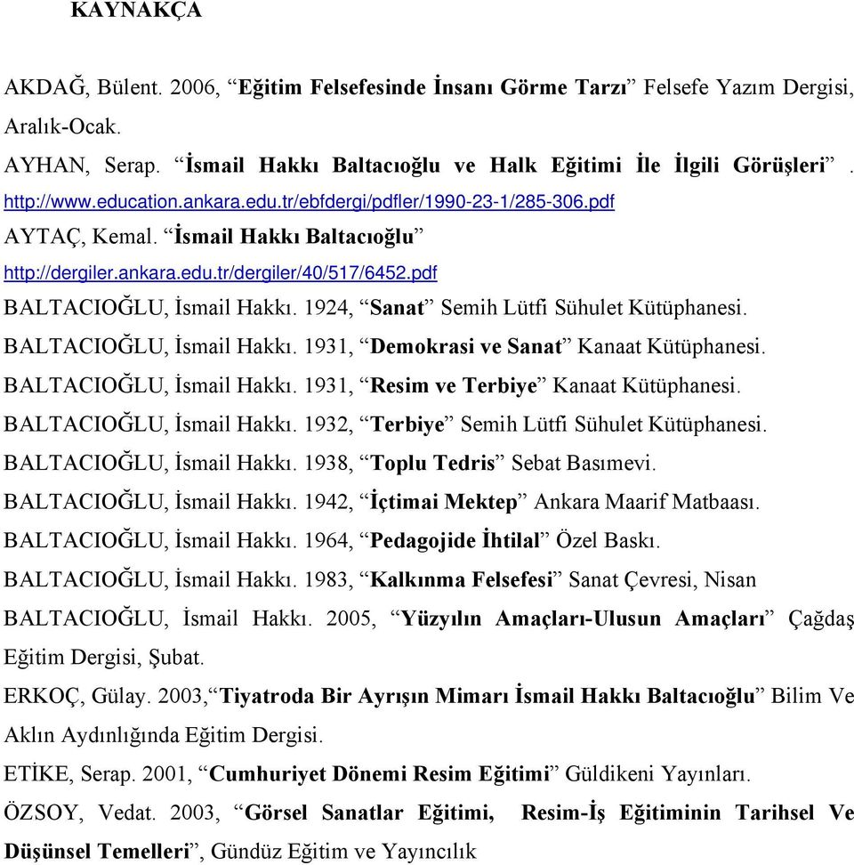 1924, Sanat Semih Lütfi Sühulet Kütüphanesi. BALTACIOĞLU, İsmail Hakkı. 1931, Demokrasi ve Sanat Kanaat Kütüphanesi. BALTACIOĞLU, İsmail Hakkı. 1931, Resim ve Terbiye Kanaat Kütüphanesi.