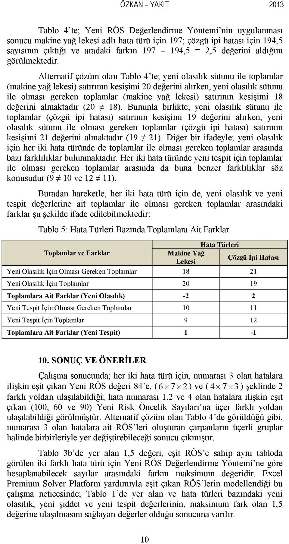 Alternatif çözüm olan Tablo 4 te; yeni olasılık sütunu ile toplamlar (makine yağ lekesi) satırının kesişimi 20 değerini alırken, yeni olasılık sütunu ile olması gereken toplamlar (makine yağ lekesi)