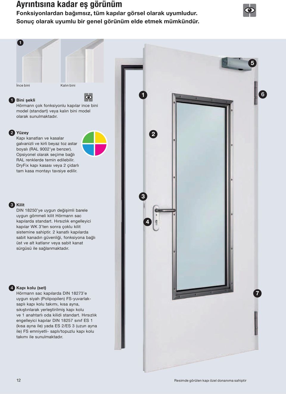 Yüzey Kapı kanatları ve kasalar galvanizli ve kirli beyaz toz astar boyalı (RAL 9002 ye benzer). Opsiyonel olarak seçime bağlı RAL renklerde temin edilebilir.