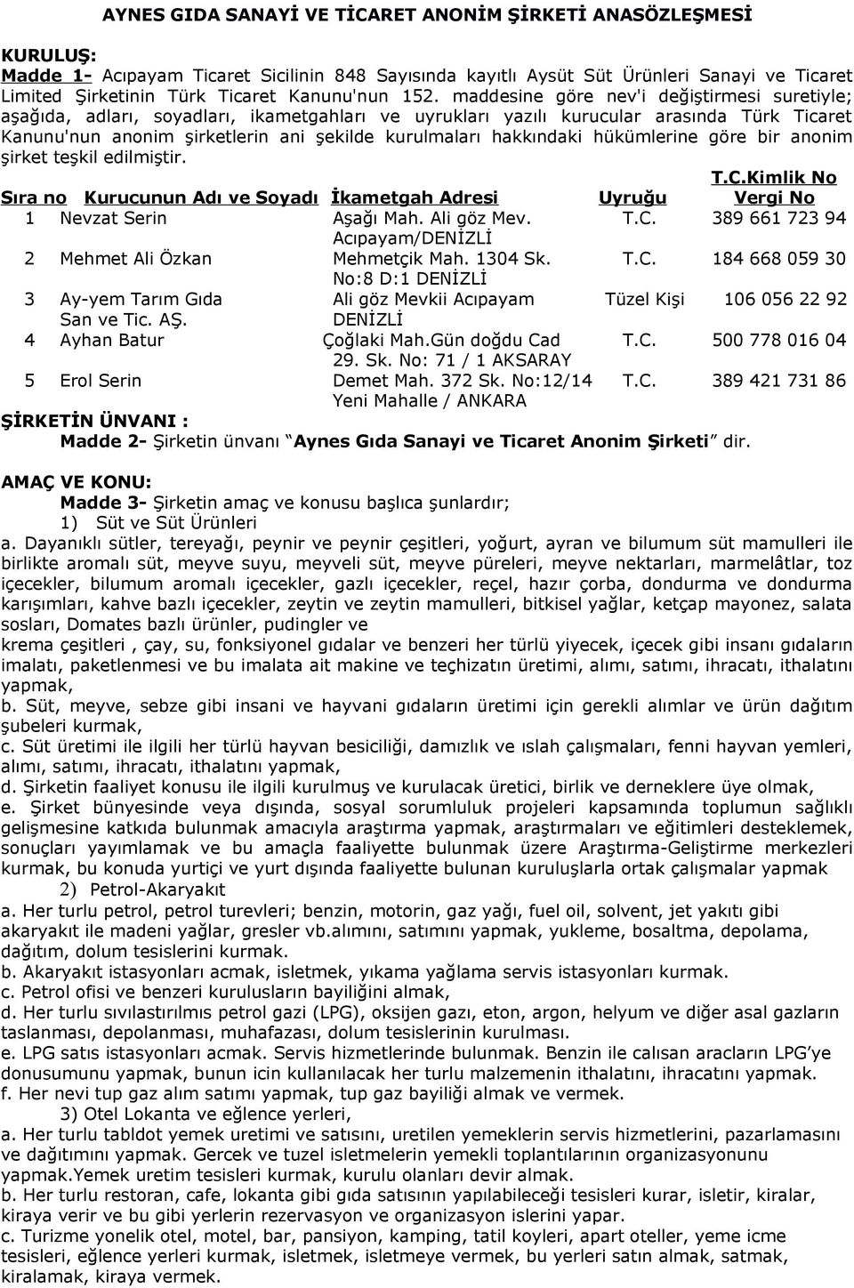 maddesine göre nev'i değiştirmesi suretiyle; aşağıda, adları, soyadları, ikametgahları ve uyrukları yazılı kurucular arasında Türk Ticaret Kanunu'nun anonim şirketlerin ani şekilde kurulmaları