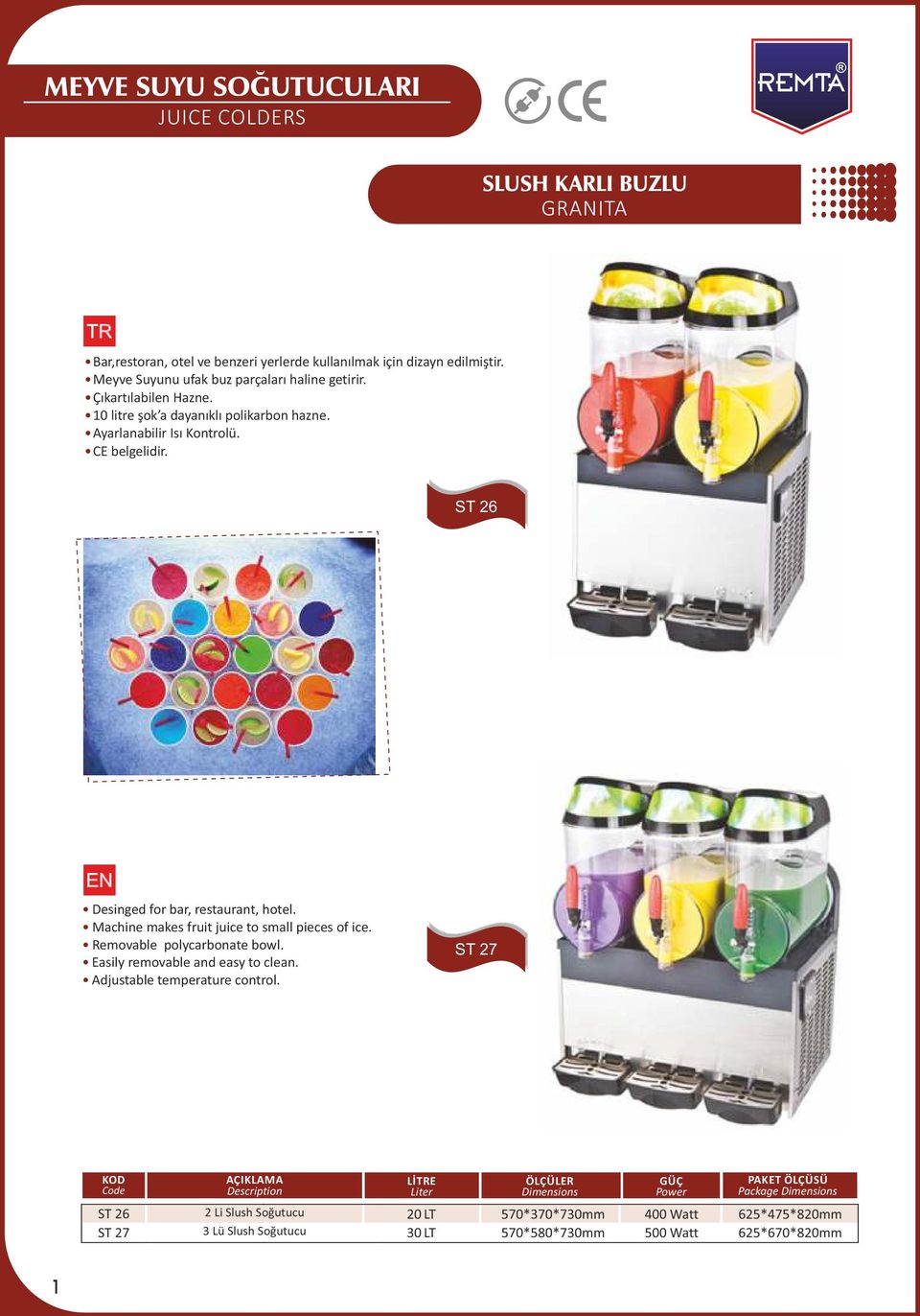 ST 26 Desinged for bar, restaurant, hotel. Machine makes fruit juice to small pieces of ice. Removable polycarbonate bowl. Easily removable and easy to clean.