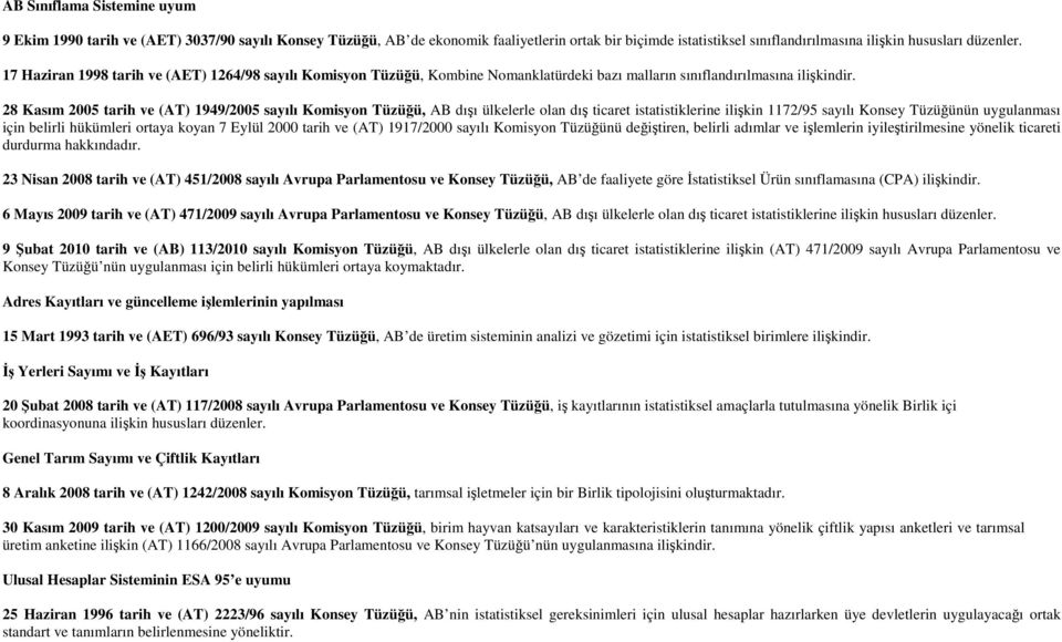 28 Kasım 2005 tarih ve (AT) 1949/2005 sayılı Komisyon Tüzüğü, AB dışı ülkelerle olan dış ticaret istatistiklerine ilişkin 1172/95 sayılı Konsey Tüzüğünün uygulanması için belirli hükümleri ortaya