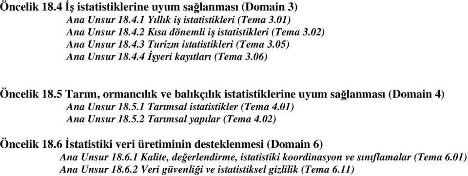 5 Tarım, ormancılık ve balıkçılık istatistiklerine uyum sağlanması (Domain 4) Ana Unsur 18.5.1 Tarımsal istatistikler (Tema 4.01) Ana Unsur 18.5.2 Tarımsal yapılar (Tema 4.