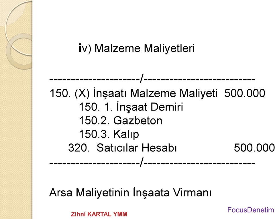 (X) İnşaatı Malzeme Maliyeti 500.000 150. 1. İnşaat Demiri 150.2.