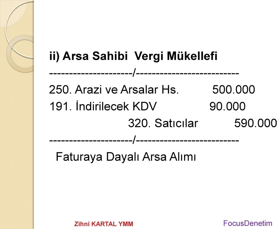 Arazi ve Arsalar Hs. 500.000 191. İndirilecek KDV 90.000 320.