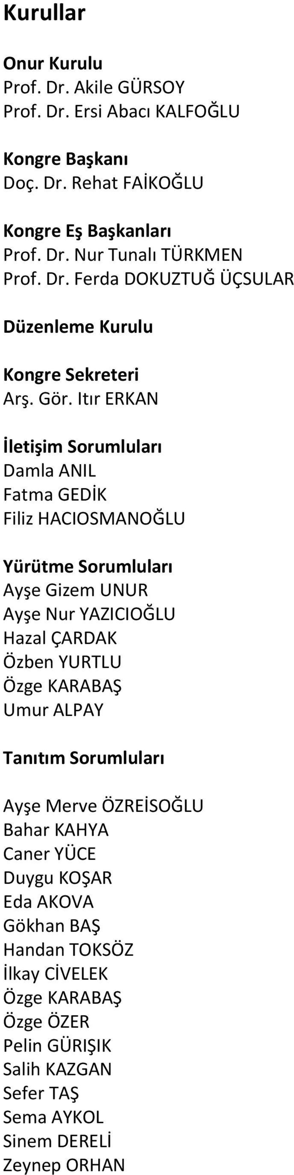 Itır ERKAN İletişim Sorumluları Damla ANIL Fatma GEDİK Filiz HACIOSMANOĞLU Yürütme Sorumluları Ayşe Gizem UNUR Ayşe Nur YAZICIOĞLU Hazal ÇARDAK Özben YURTLU