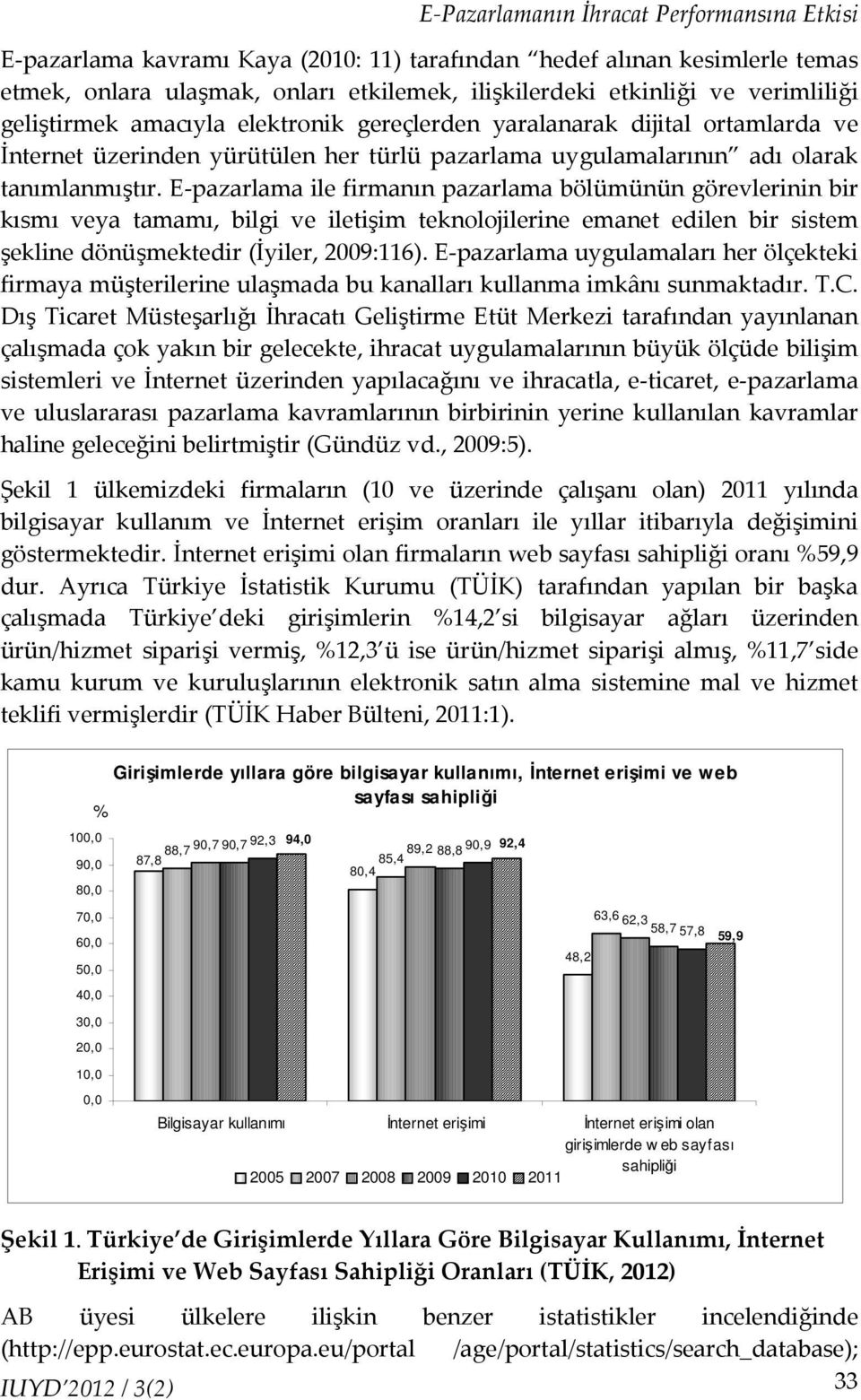 E-pazarlama ile firmanın pazarlama bölümünün görevlerinin bir kısmı veya tamamı, bilgi ve iletişim teknolojilerine emanet edilen bir sistem şekline dönüşmektedir (İyiler, 2009:116).