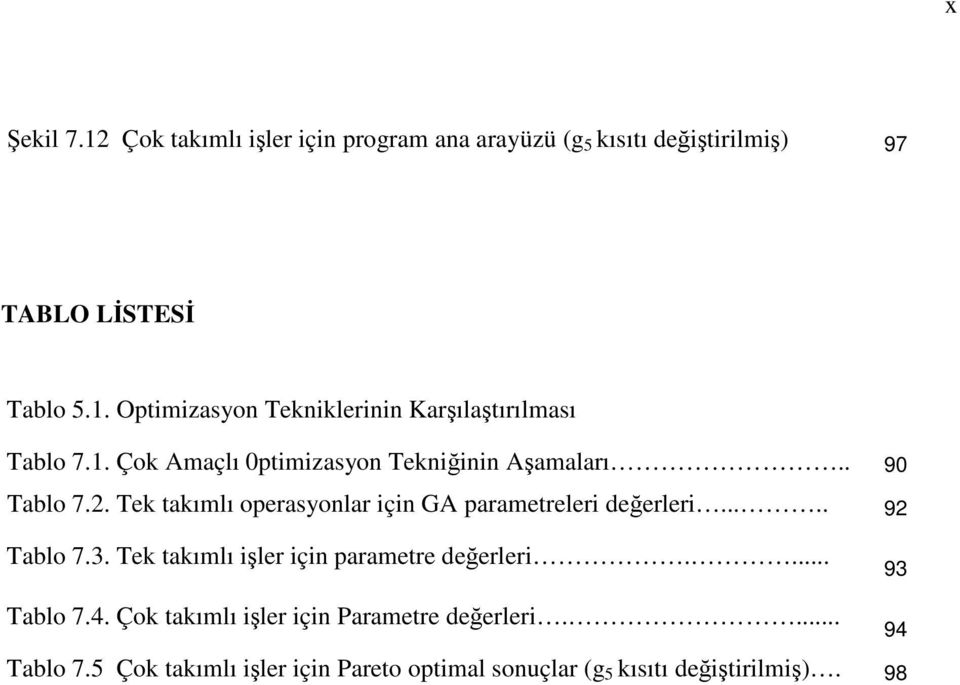 .... 92 Tablo 7.3. Tek takımlı işler için parametre değerleri.... Tablo 7.4. Çok takımlı işler için Parametre değerleri.