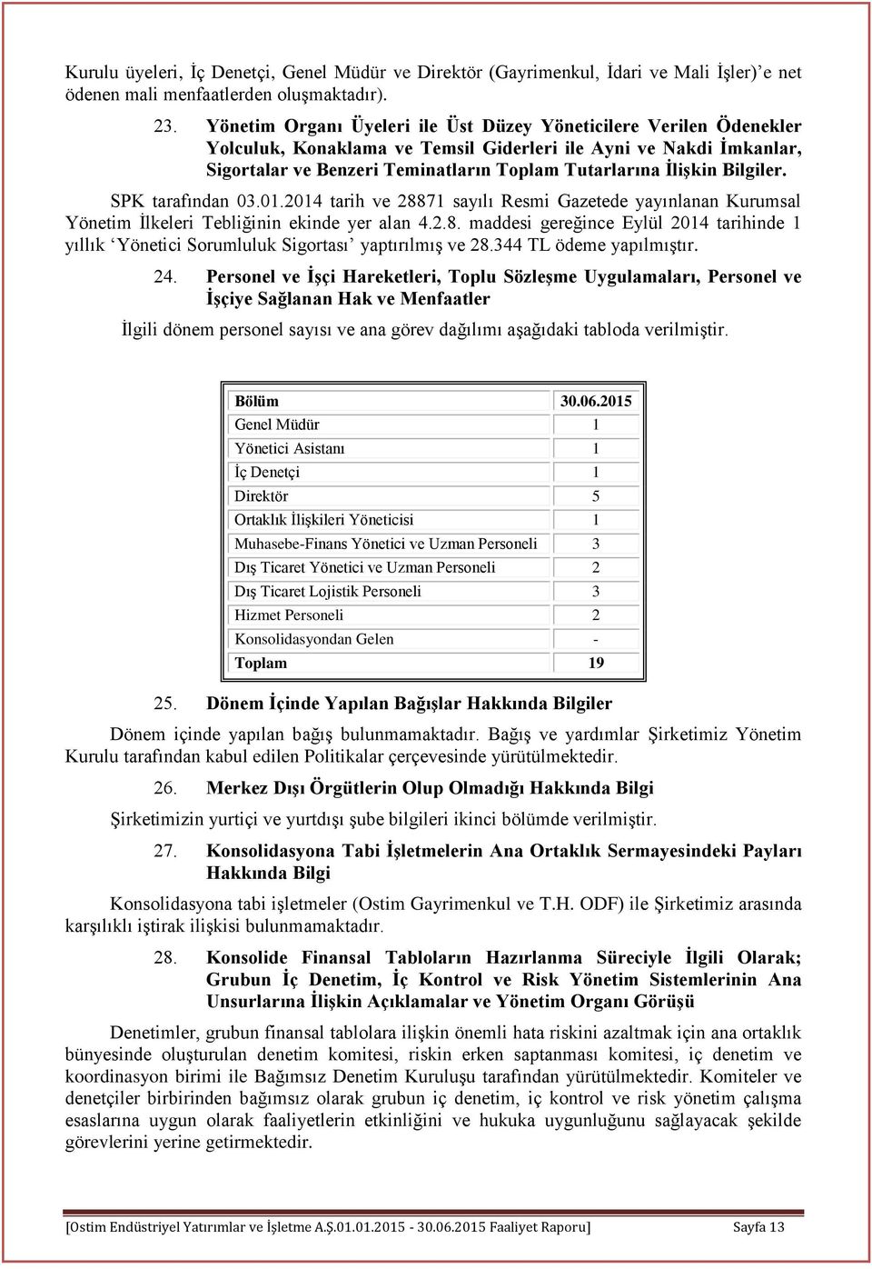 Bilgiler. SPK tarafından 03.01.2014 tarih ve 28871 sayılı Resmi Gazetede yayınlanan Kurumsal Yönetim İlkeleri Tebliğinin ekinde yer alan 4.2.8. maddesi gereğince Eylül 2014 tarihinde 1 yıllık Yönetici Sorumluluk Sigortası yaptırılmış ve 28.