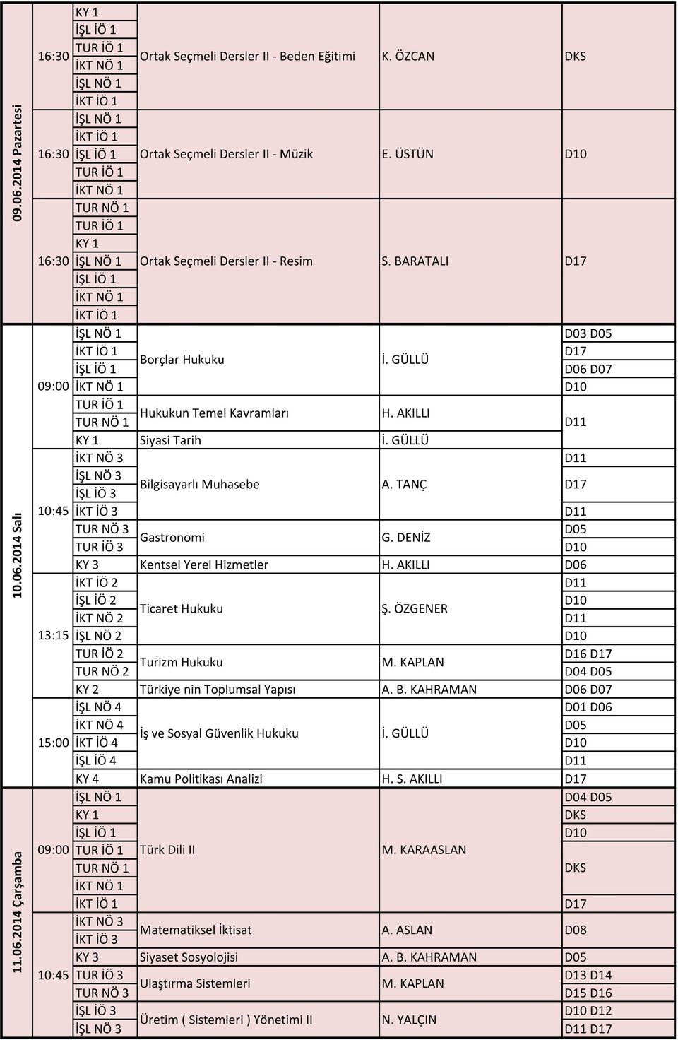 AKILLI Ticaret Hukuku Ş. ÖZGENER 13:15 D16 Turizm Hukuku D04 KY 2 Türkiye nin Toplumsal Yapısı A. B. KAHRAMAN İş ve Sosyal Güvenlik Hukuku İ. GÜLLÜ KY 4 Kamu Politikası Analizi H. S. AKILLI D04 Türk Dili II M.