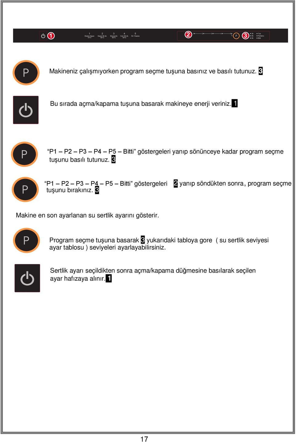 3 P1 P2 P3 P4 P5 Bitti göstergeleri 2 yanıp söndükten sonra, program seçme tuşunu bırakınız. 3 Makine en son ayarlanan su sertlik ayarını gösterir.