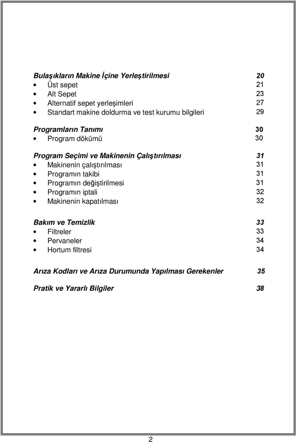 çalıştırılması 31 Programın takibi 31 Programın değiştirilmesi 31 Programın iptali 32 Makinenin kapatılması 32 Bakım ve Temizlik