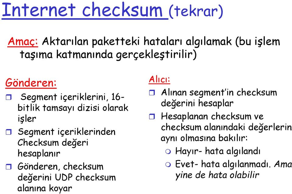 Gönderen, checksum değerini UDP checksum alanına koyar Alıcı: Alınan segment in checksum değerini hesaplar Hesaplanan