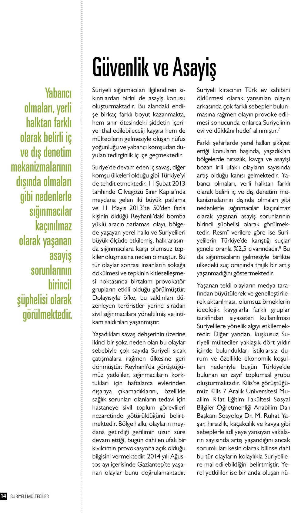 Bu alandaki endişe birkaç farklı boyut kazanmakta, hem sınır ötesindeki şiddetin içeriye ithal edilebileceği kaygısı hem de mültecilerin gelmesiyle oluşan nüfus yoğunluğu ve yabancı komşudan duyulan