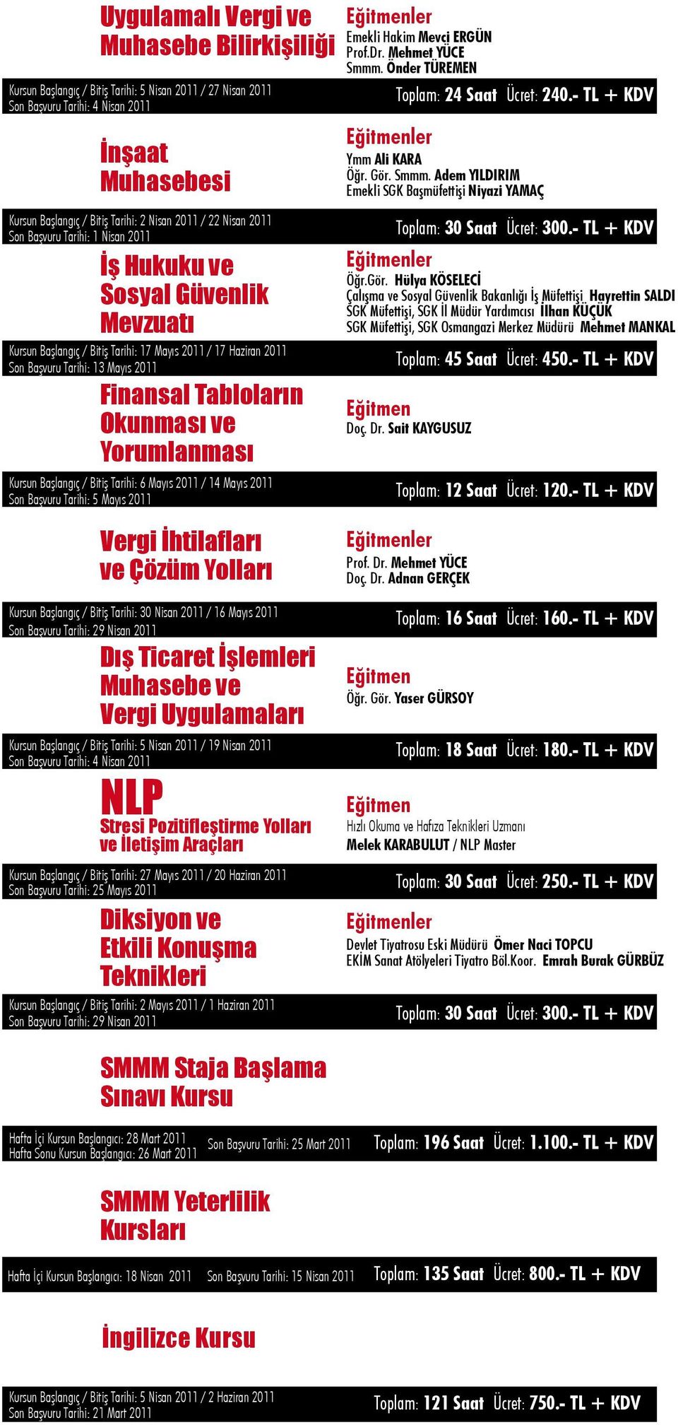 Okunması ve Yorumlanması Kursun aşlangıç / itiş Tarihi: 6 Mayıs 2011 / 14 Mayıs 2011 Son aşvuru Tarihi: 5 Mayıs 2011 Eğitmenler Emekli Hakim Mevci ERGÜN Prof.Dr. Mehmet YÜCE Smmm.