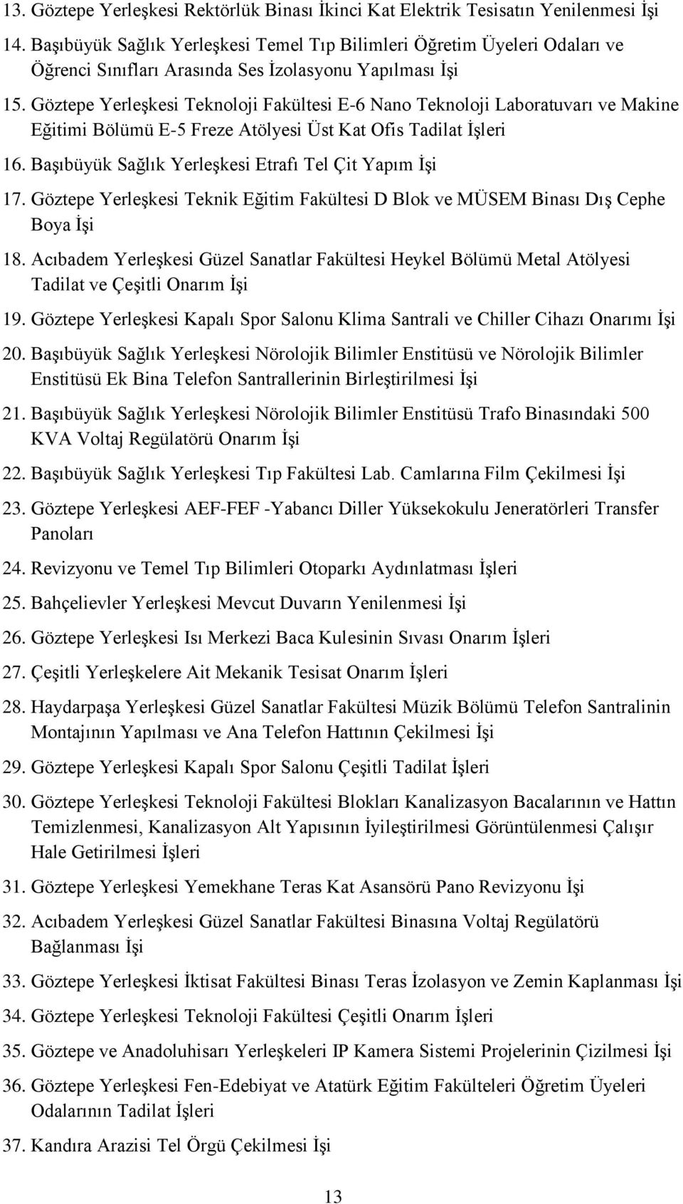 Yerleşkesi Teknoloji Fakültesi E-6 Nano Teknoloji Laboratuvarı ve Makine Eğitimi Bölümü E-5 Freze Atölyesi Üst Kat Ofis Tadilat İşleri 16. Başıbüyük Sağlık Yerleşkesi Etrafı Tel Çit Yapım İşi 17.